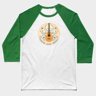 Peace Love And Music Folk Guitar Badge Baseball T-Shirt
